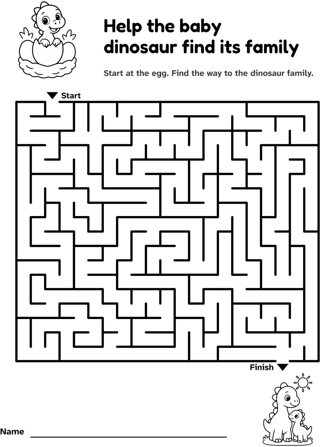 Baby dinosaur maze: help the baby dinosaur find its family, with pictures at the start and finish