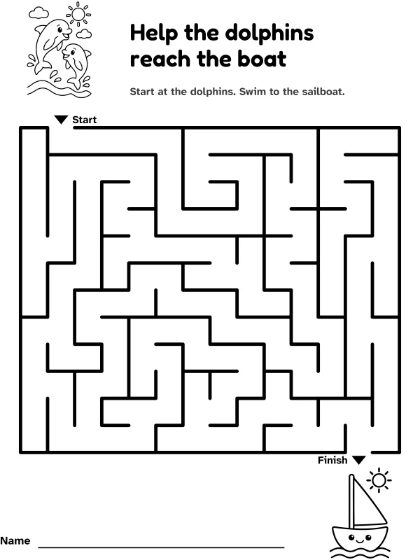 Dolphin and sailboat maze: help the dolphins reach the boat, with pictures at the start and finish