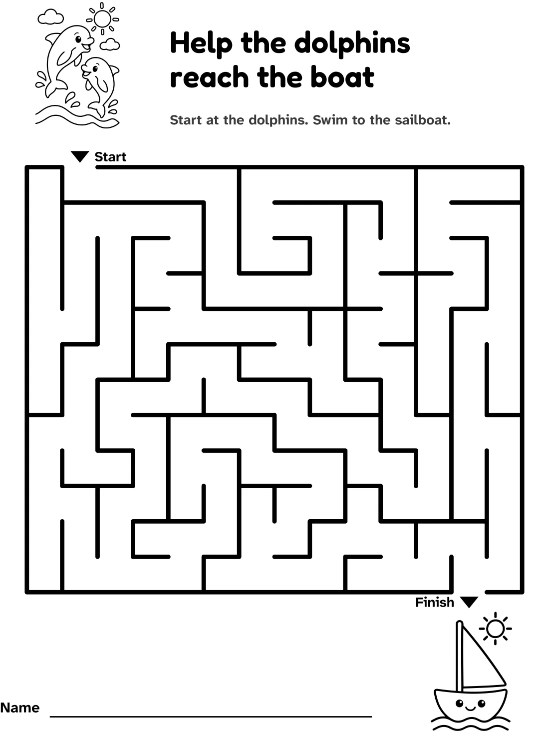 Dolphin and sailboat maze: help the dolphins reach the boat, with pictures at the start and finish