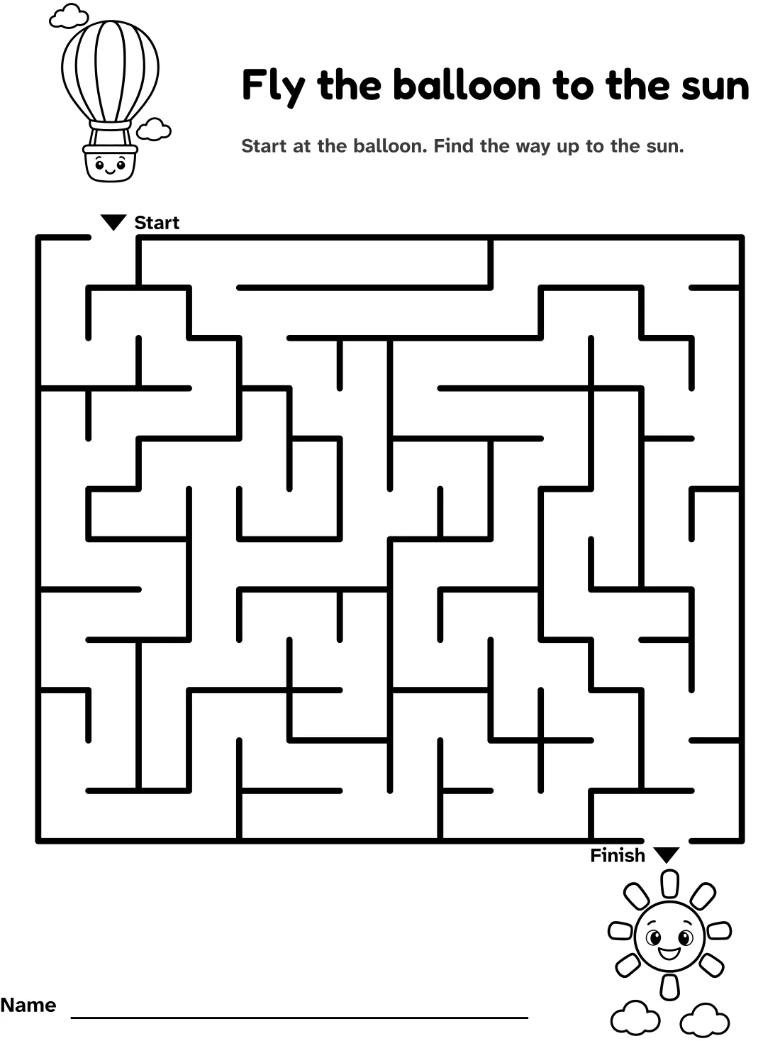 Hot air balloon maze: fly the balloon to the sun, with pictures at the start and finish