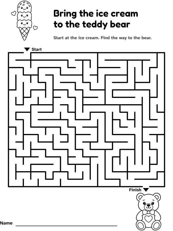 Ice cream and teddy bear maze: bring the ice cream to the teddy bear, with pictures at the start and finish