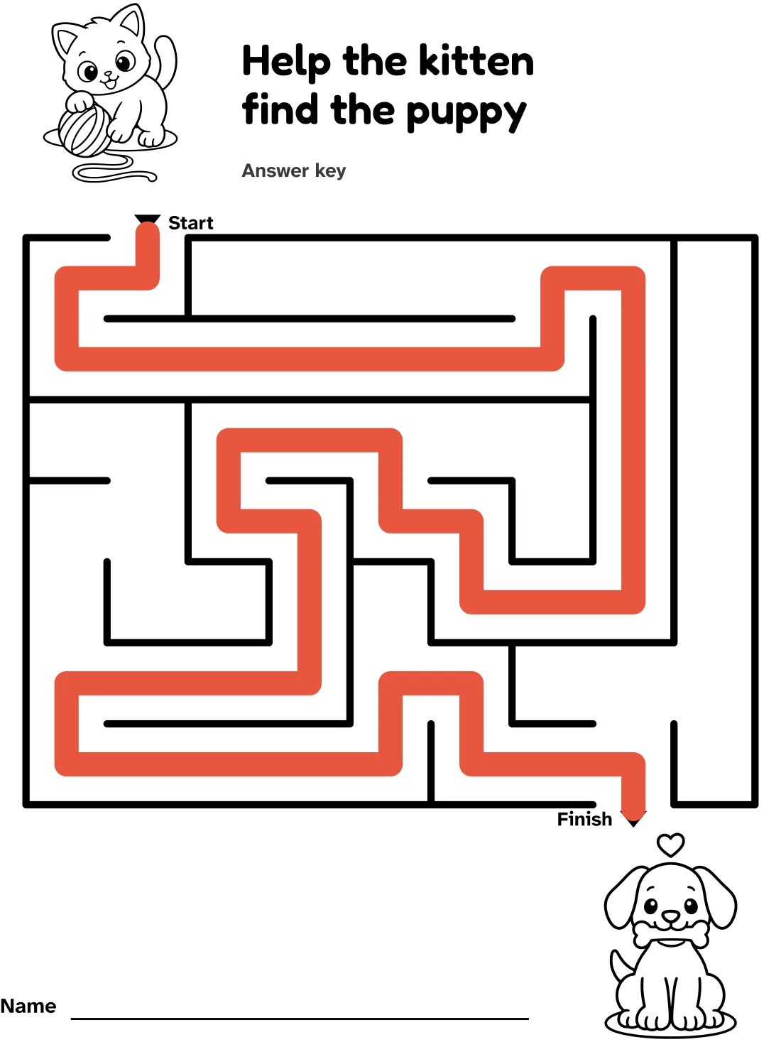 Answer key for the kitten and puppy maze