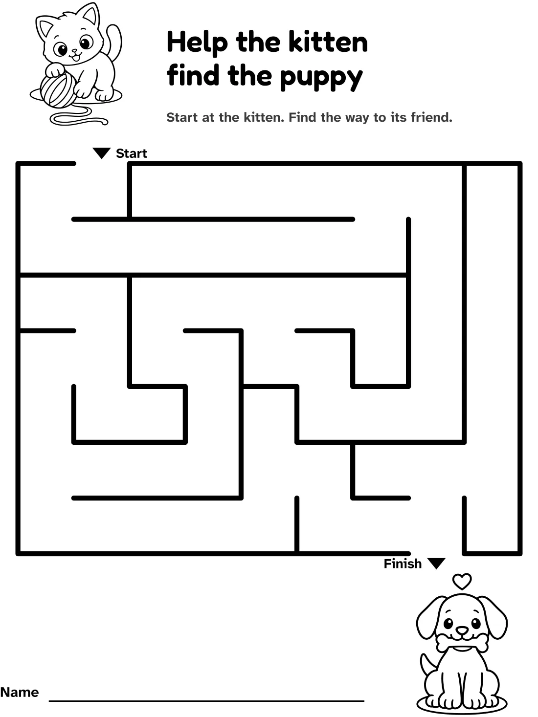 Kitten and puppy maze: help the kitten find the puppy, with pictures at the start and finish