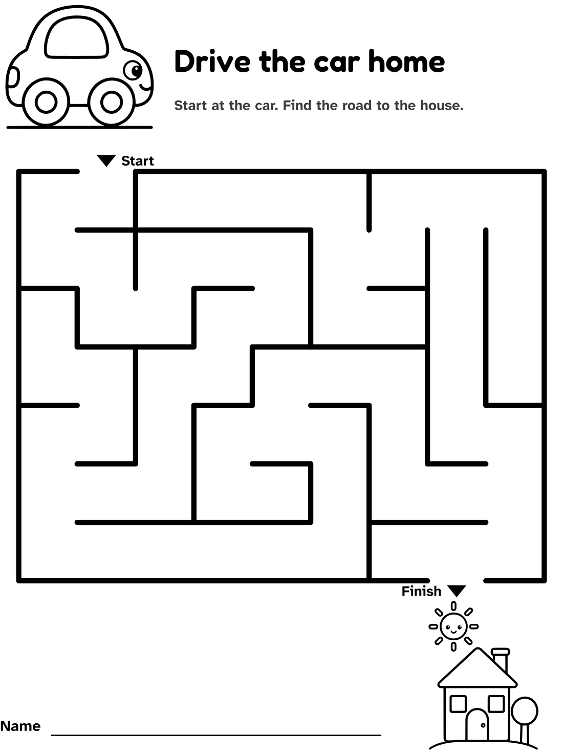 Toy car maze: drive the car home, with pictures at the start and finish