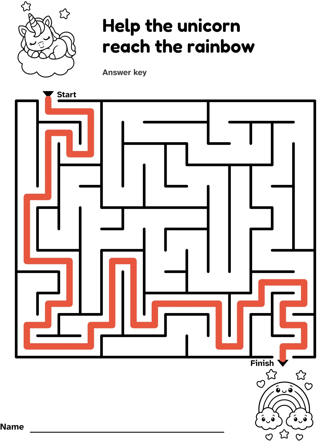 Answer key for the unicorn and rainbow maze
