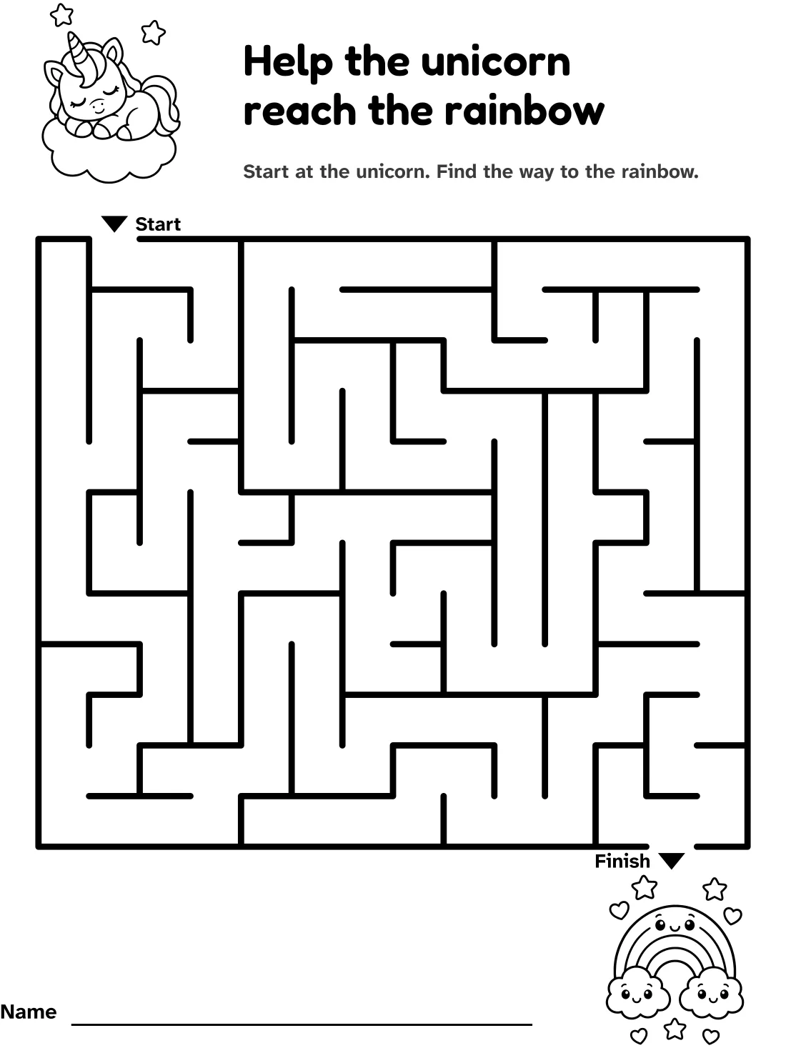 Unicorn and rainbow maze: help the unicorn reach the rainbow, with pictures at the start and finish