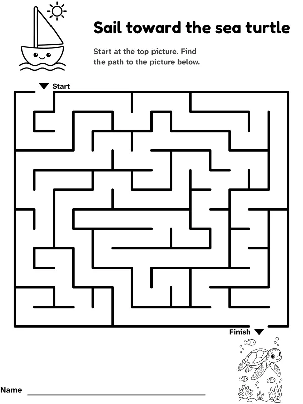 Boat to turtle maze: sail toward the sea turtle, with pictures at the start and finish