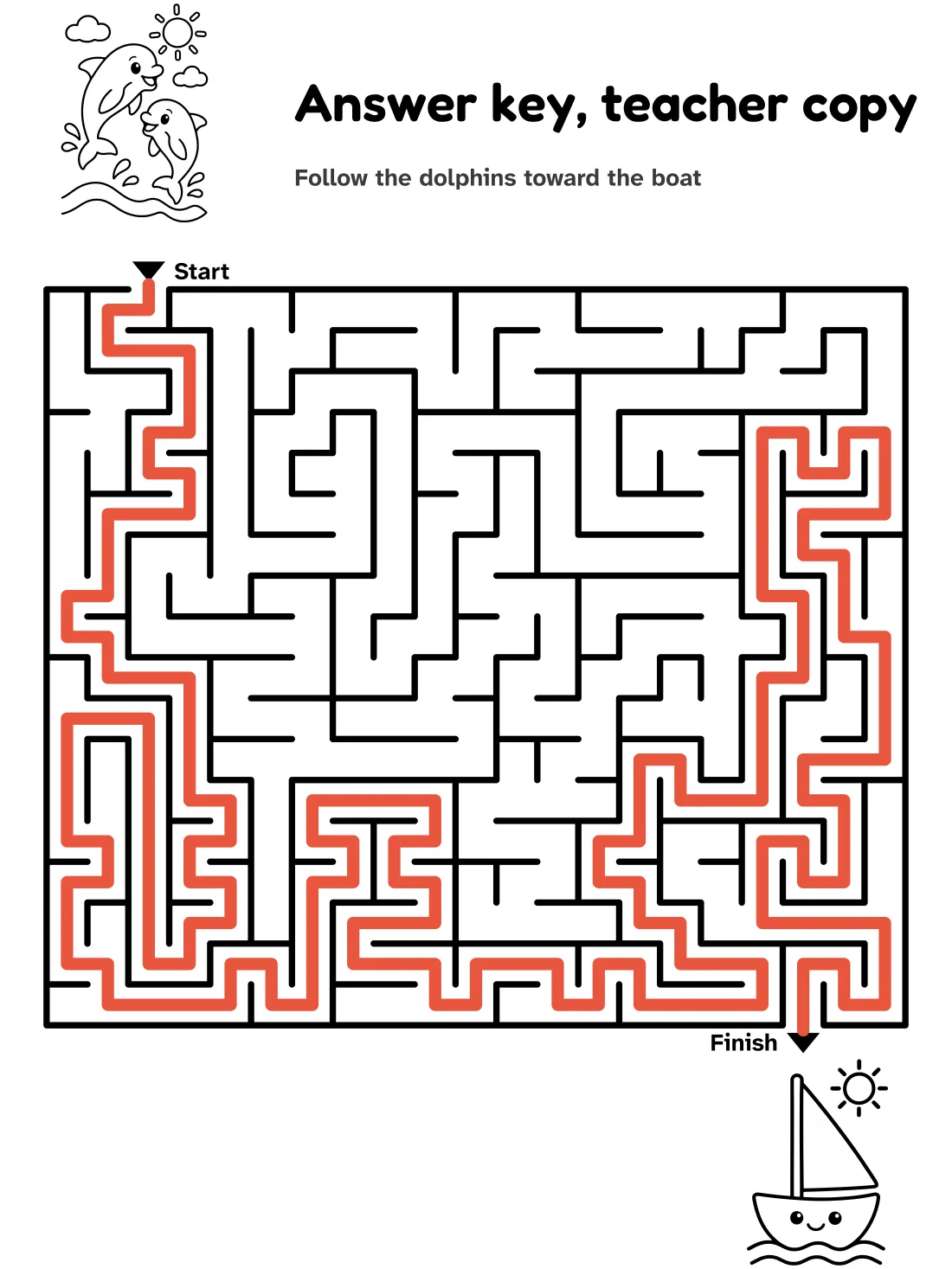 Answer key for the dolphin and boat journey maze