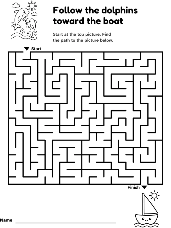 Dolphin and boat journey maze: follow the dolphins toward the boat, with pictures at the start and finish