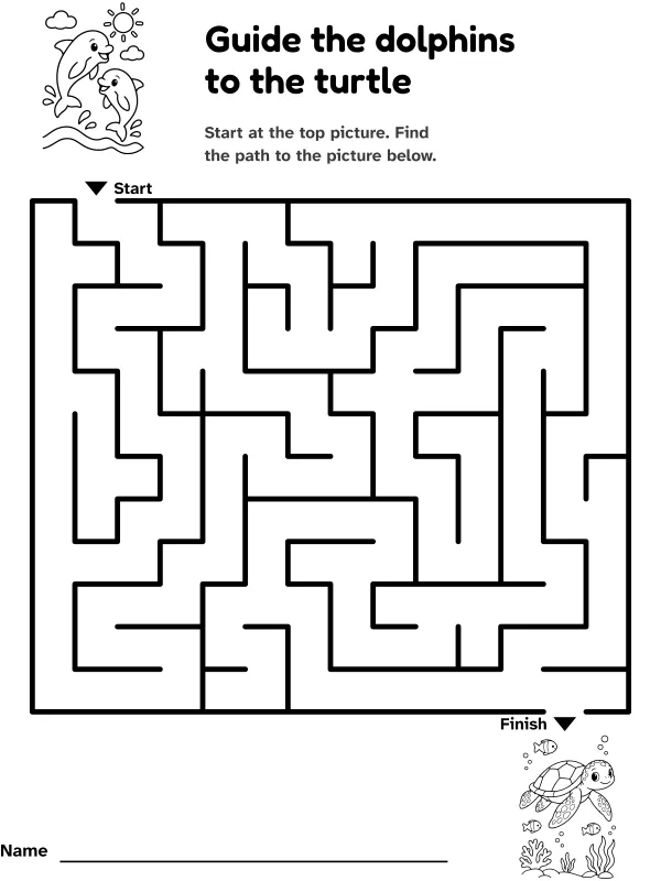 Dolphins to turtle maze: guide the dolphins to the turtle, with pictures at the start and finish
