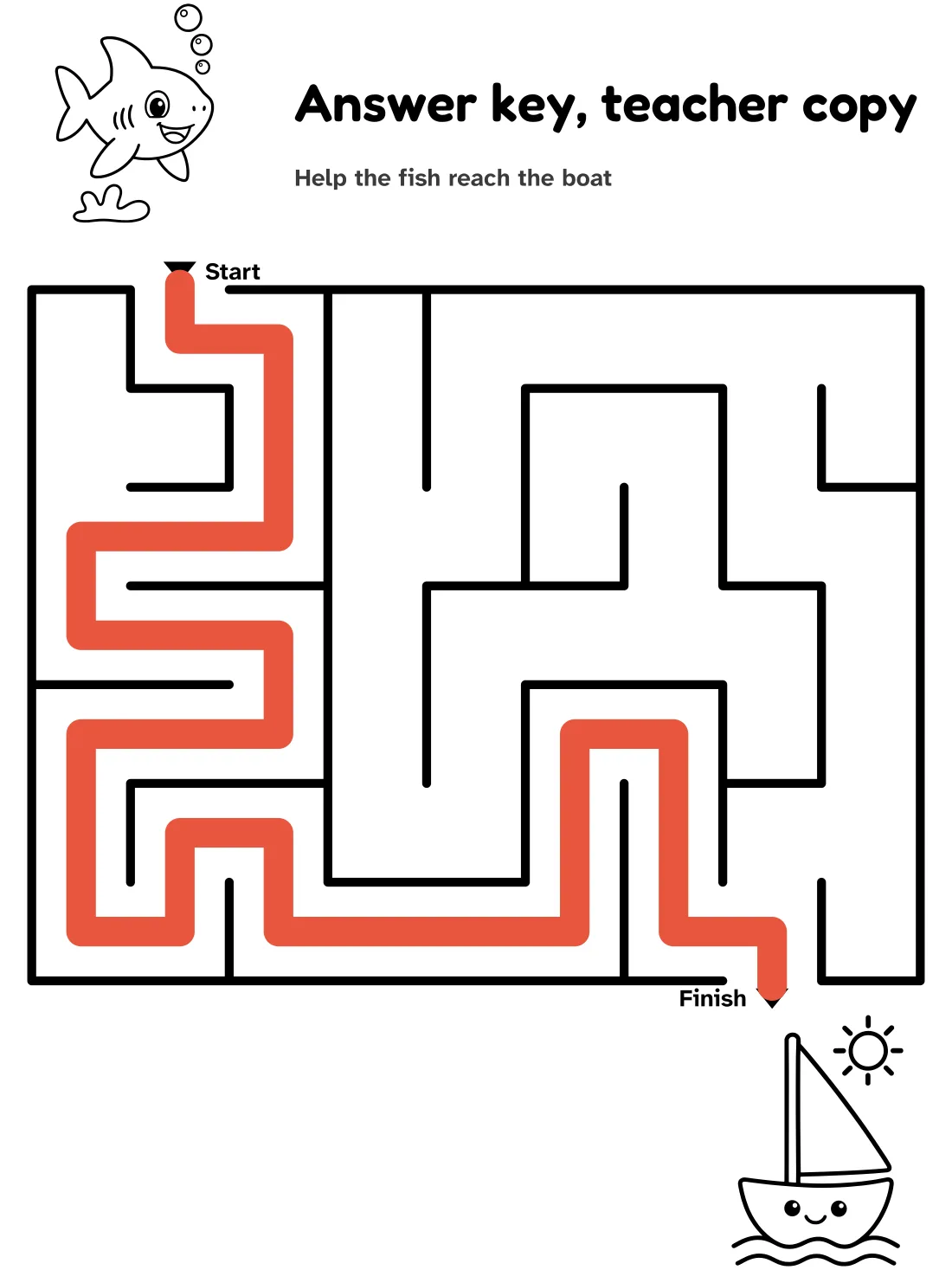 Answer key for the fish to boat maze