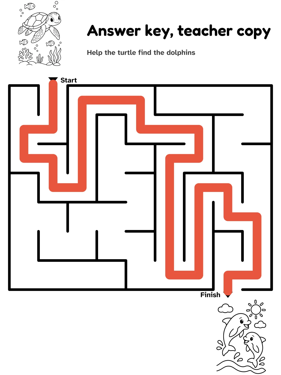 Answer key for the turtle to dolphins maze