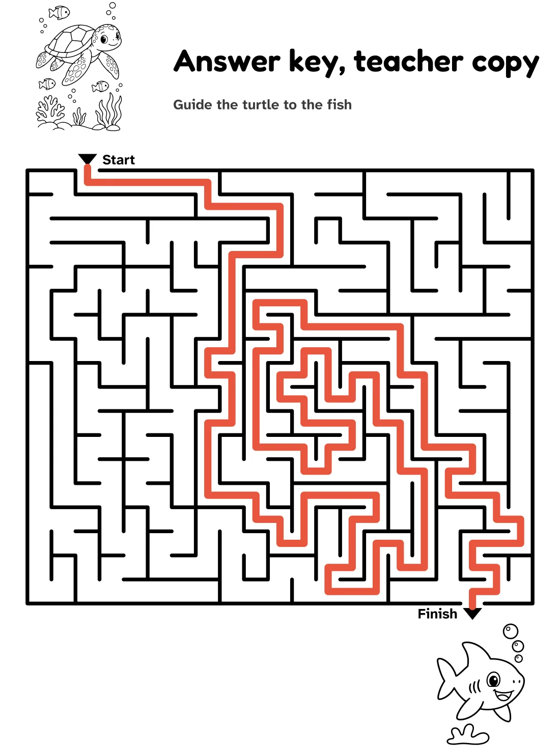 Answer key for the turtle to fish maze
