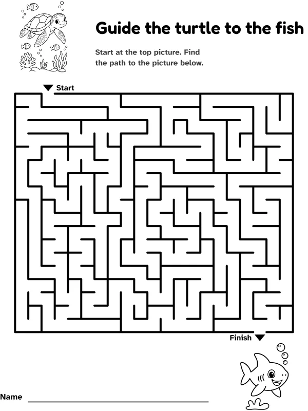 Turtle to fish maze: guide the turtle to the fish, with pictures at the start and finish