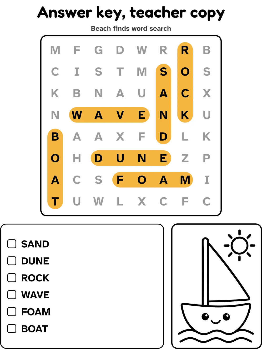 Answer key for the beach finds word search