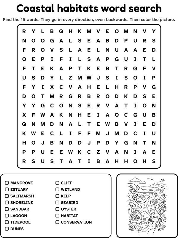 Coastal habitats word search with 15 words to find and a picture to color