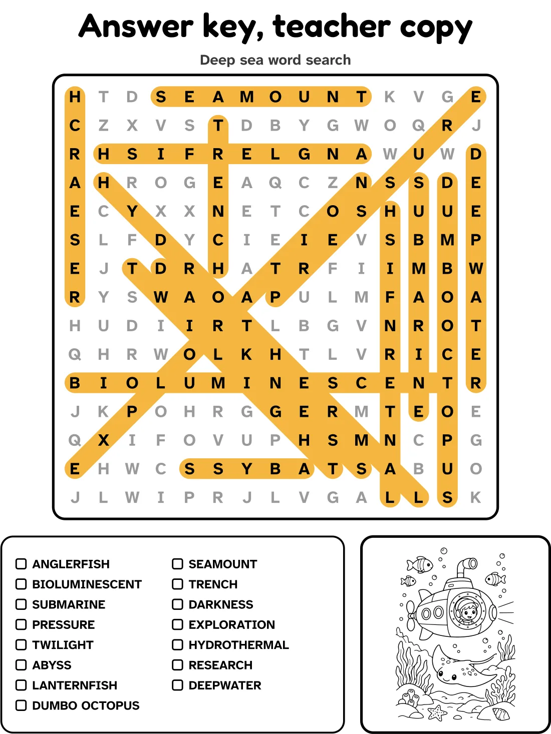 Answer key for the deep sea word search