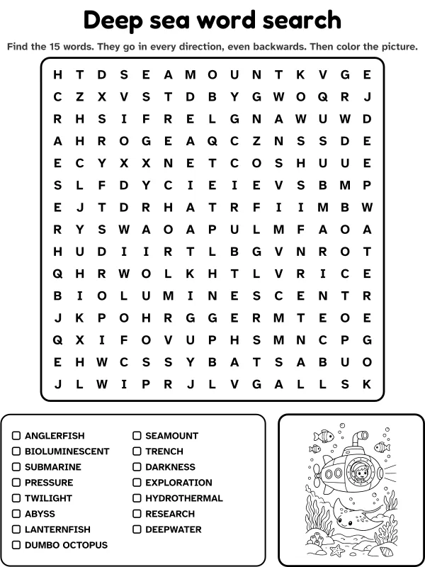 Deep sea word search with 15 words to find and a picture to color