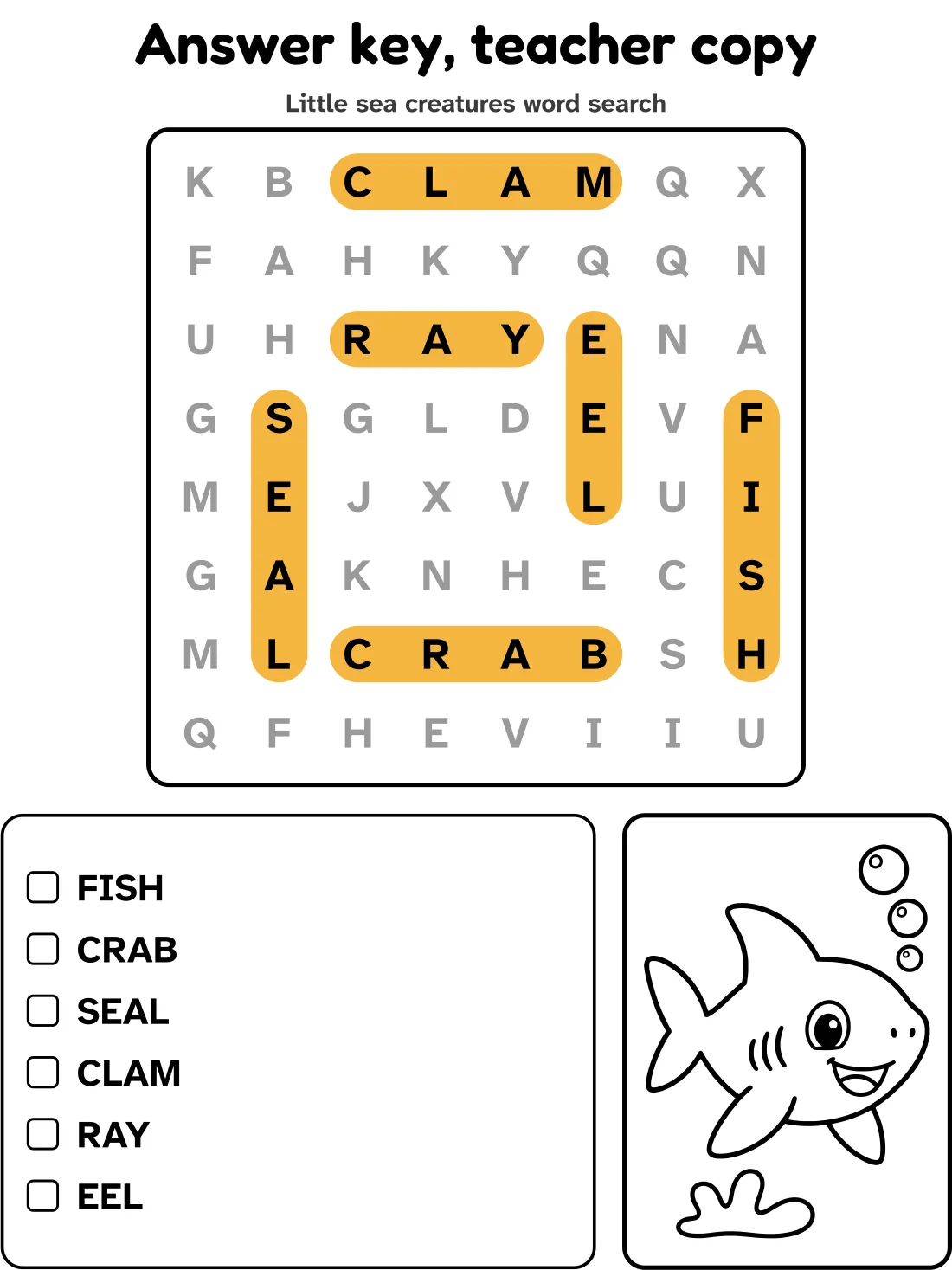 Answer key for the little sea creatures word search