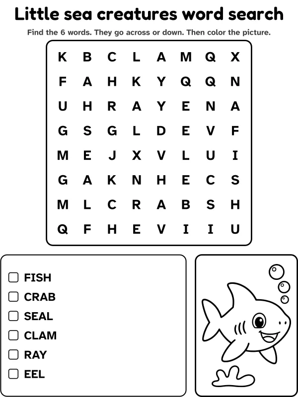 Little sea creatures word search
