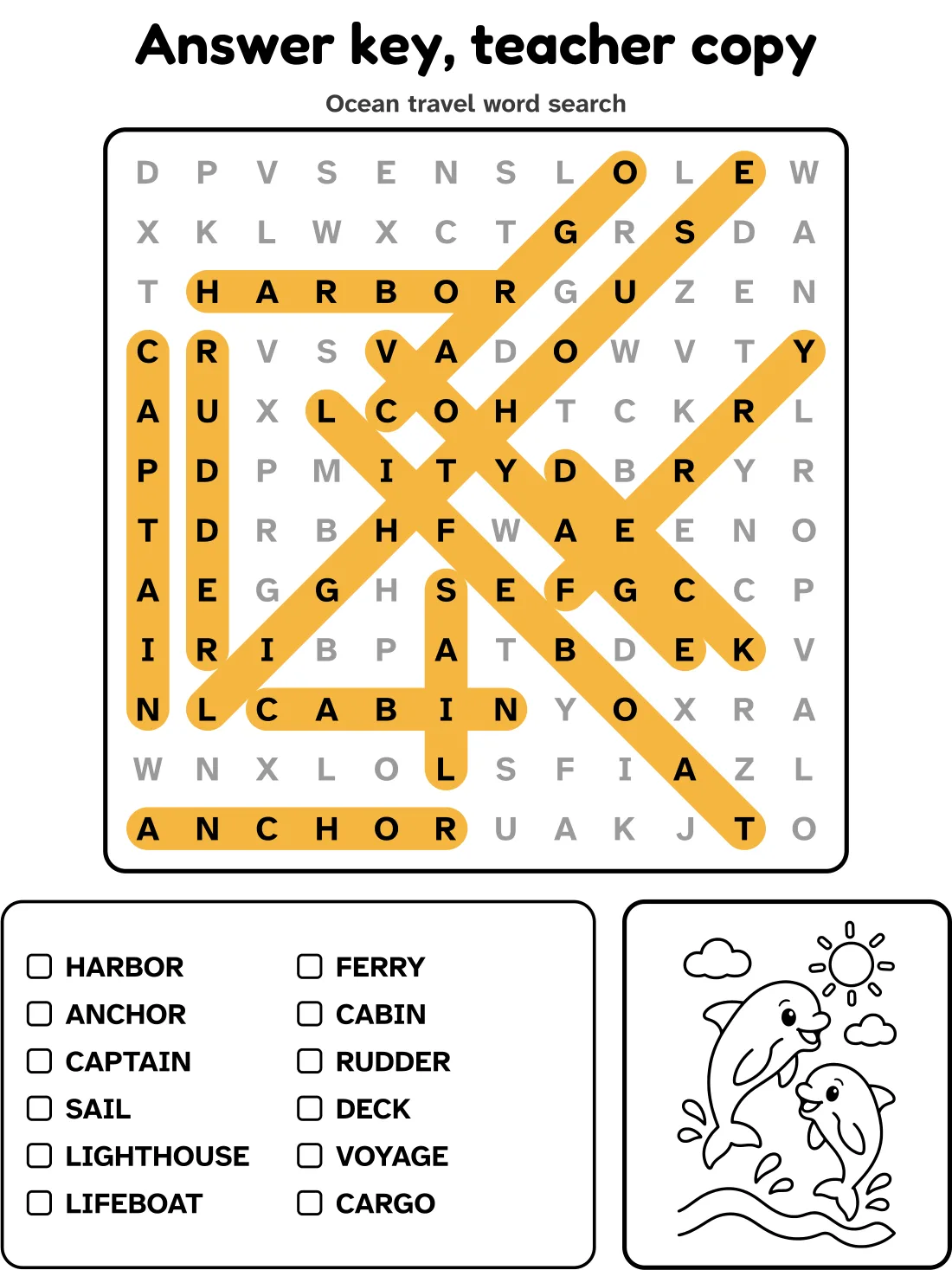 Answer key for the ocean travel word search