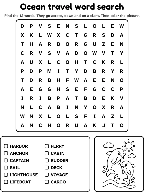 Ocean travel word search with 12 words to find and a picture to color