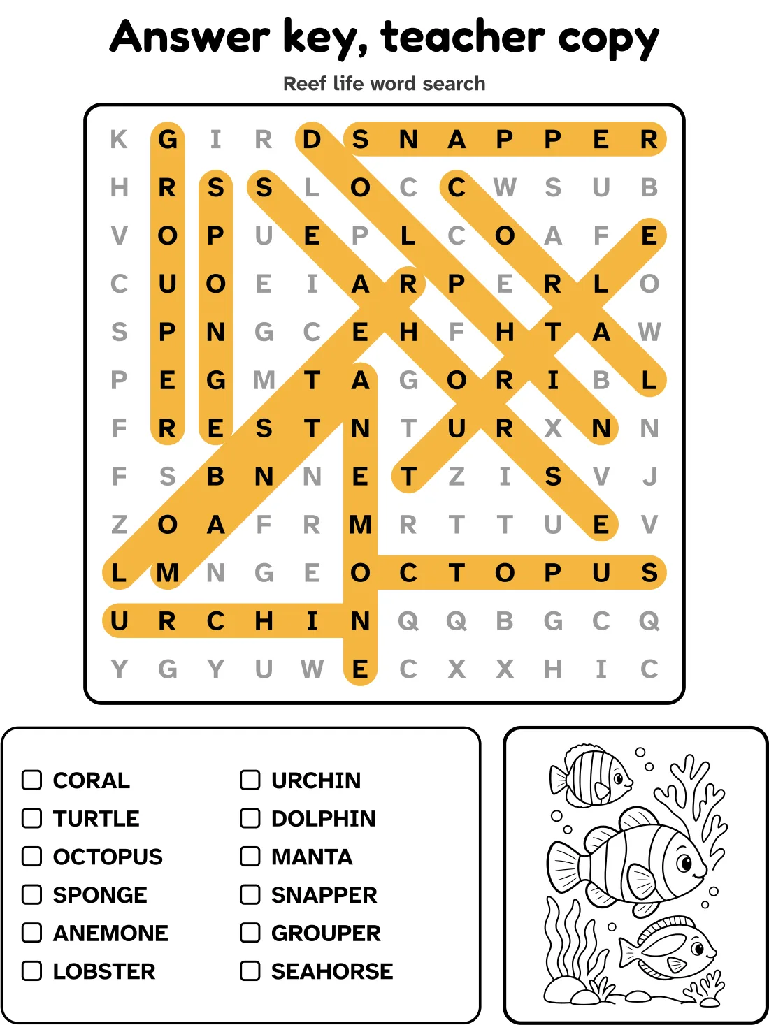 Answer key for the reef life word search