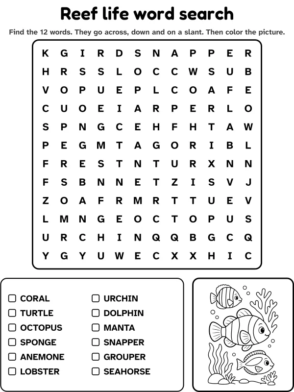 Reef life word search with 12 words to find and a picture to color