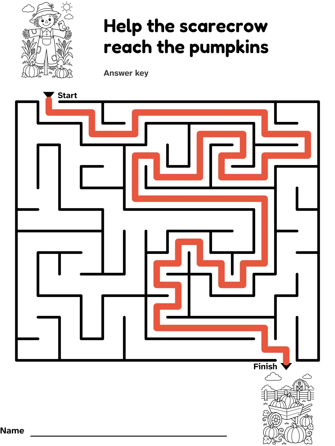 Answer key for the scarecrow and pumpkin patch maze
