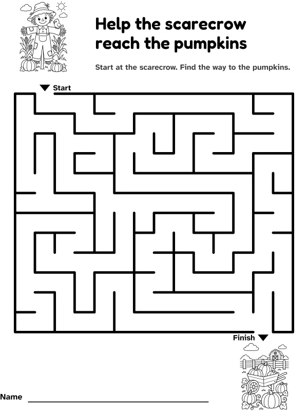 Scarecrow and pumpkin patch maze: help the scarecrow reach the pumpkins, with pictures at the start and finish