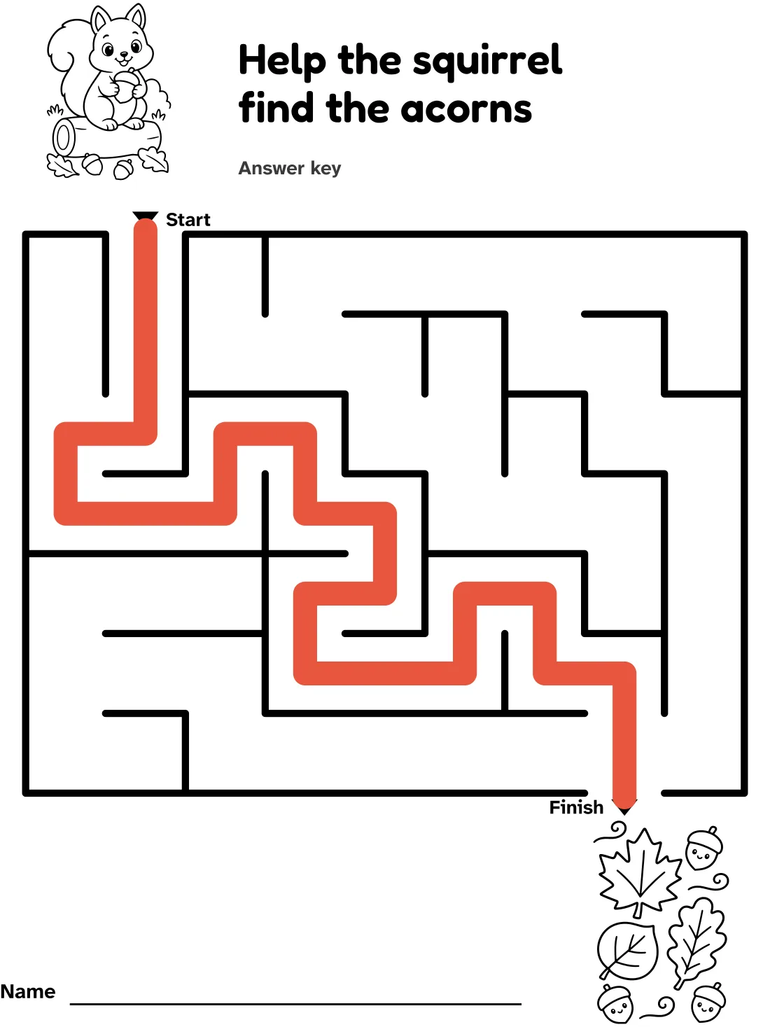 Answer key for the squirrel and acorns maze