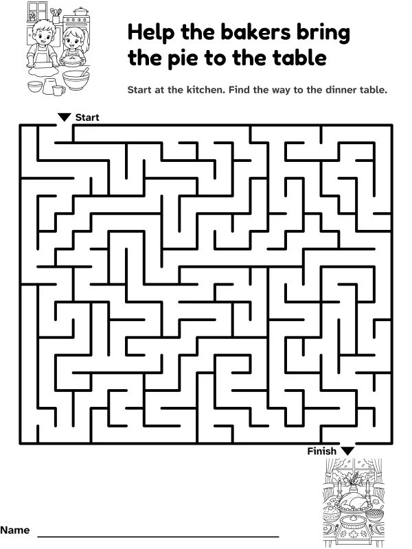 Thanksgiving table maze: help the bakers bring the pie to the table, with pictures at the start and finish
