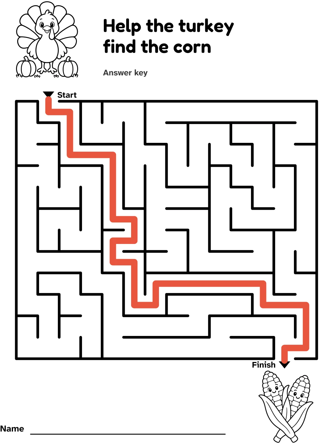 Answer key for the turkey and corn maze