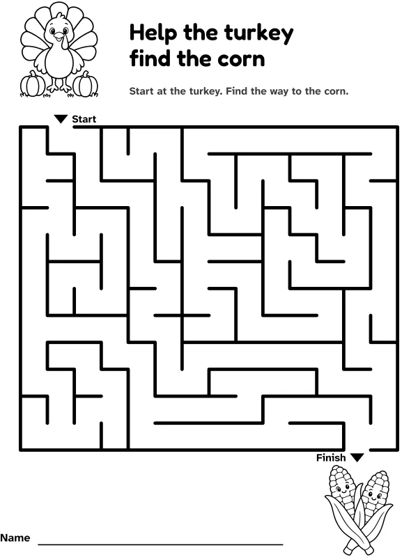 Turkey and corn maze: help the turkey find the corn, with pictures at the start and finish