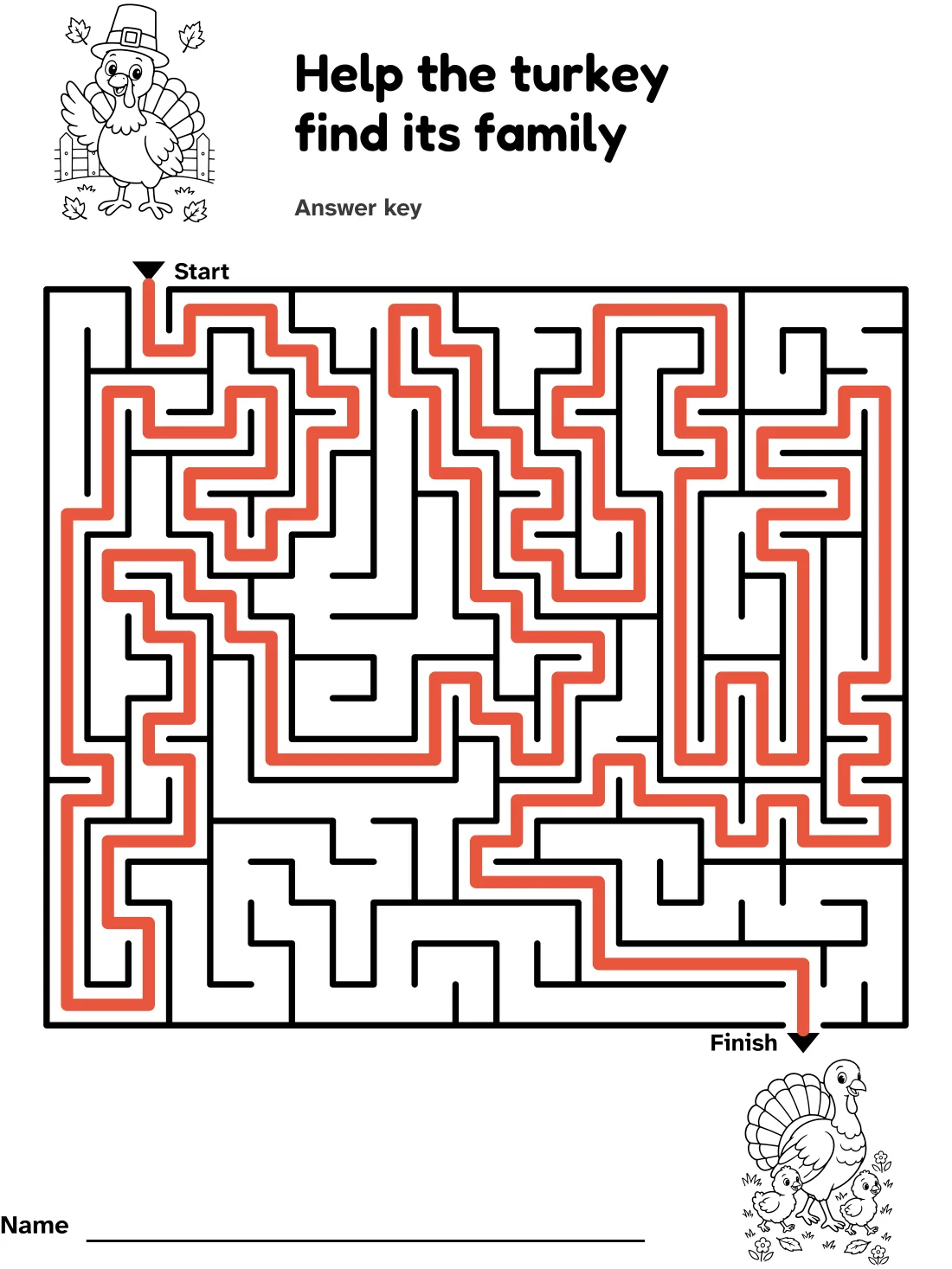 Answer key for the turkey family maze