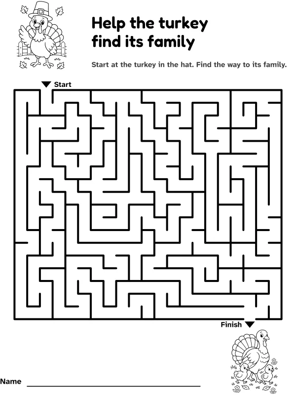 Turkey family maze: help the turkey find its family, with pictures at the start and finish