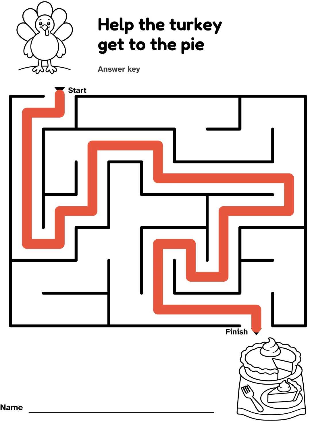 Answer key for the turkey and pumpkin pie maze