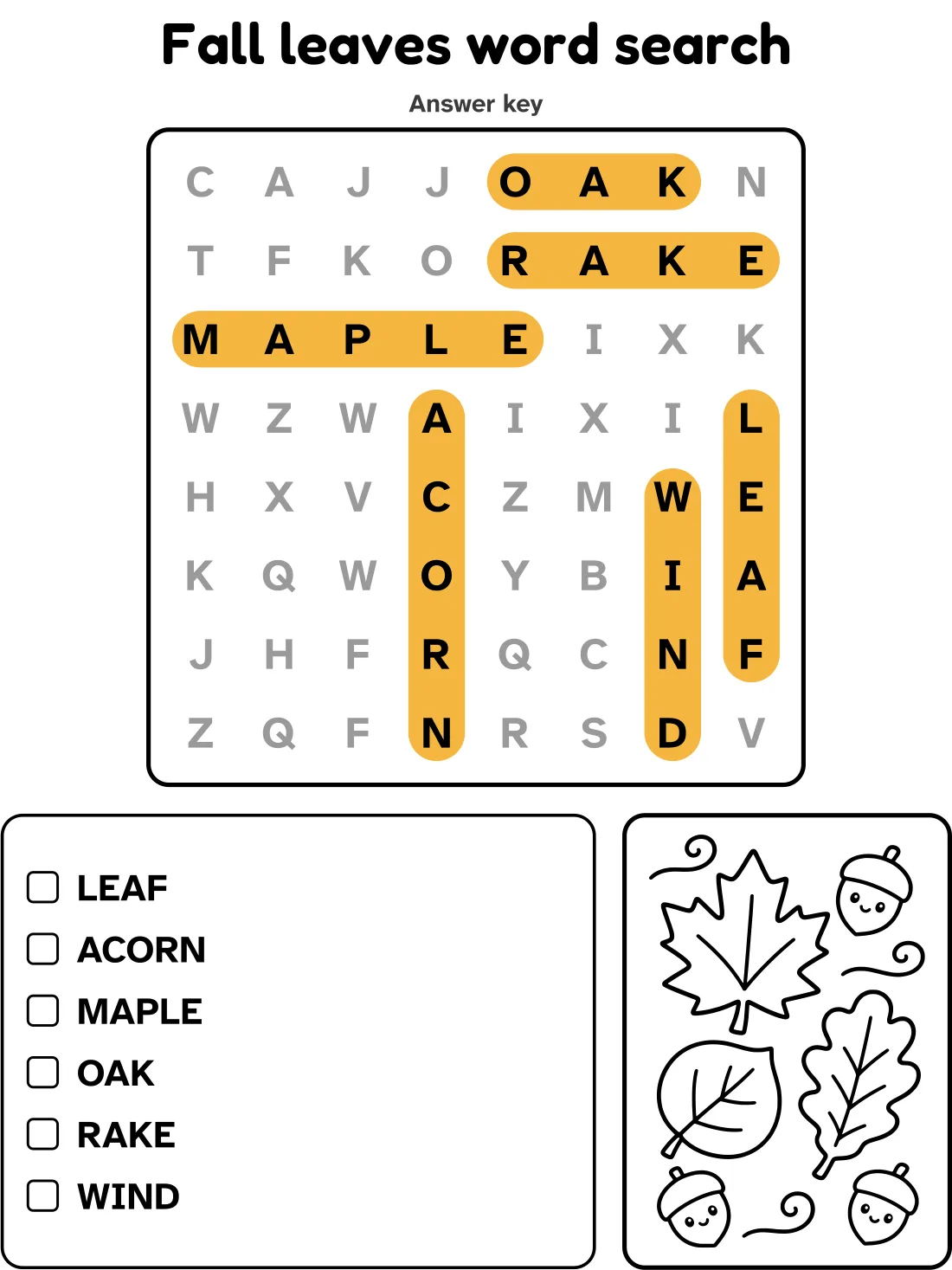 Answer key for the fall leaves word search