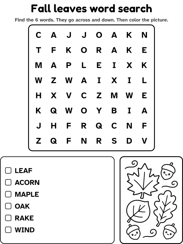 Fall leaves word search with 6 words to find and a picture to color