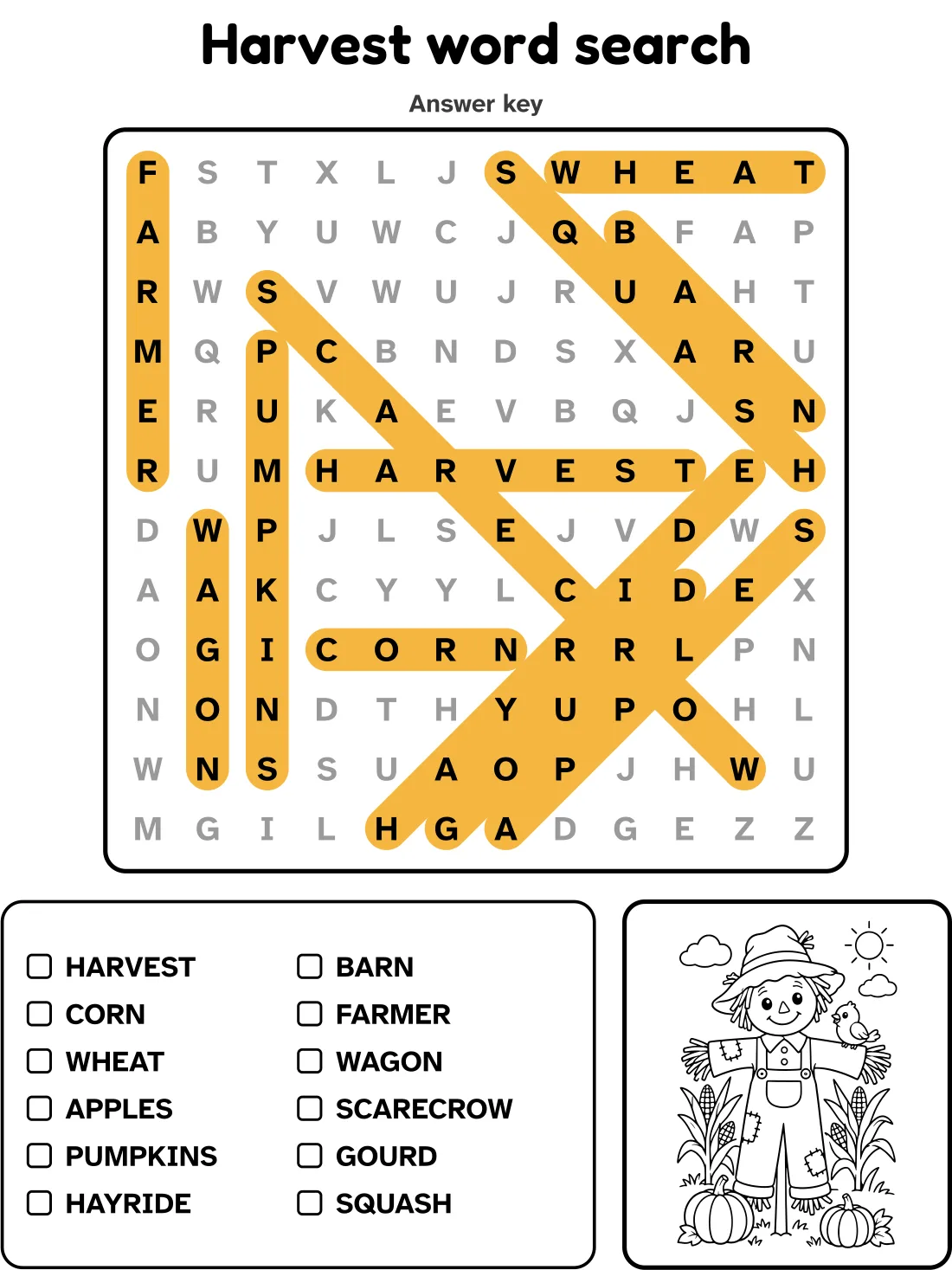 Answer key for the harvest word search