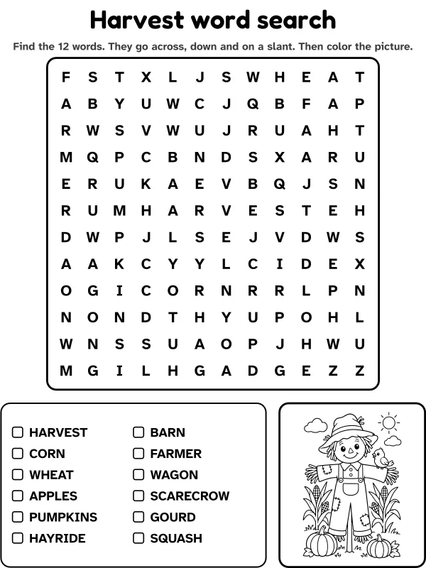 Harvest word search with 12 words to find and a picture to color