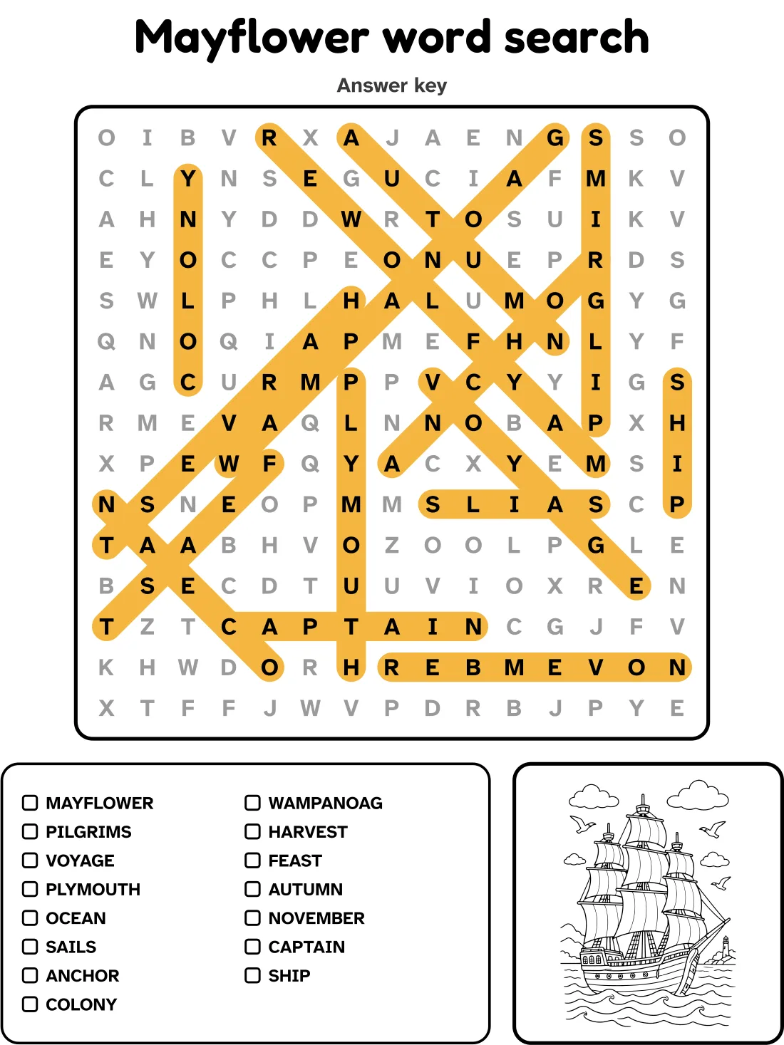 Answer key for the mayflower word search