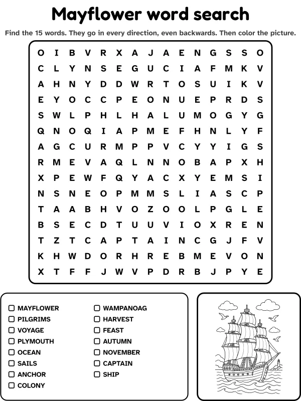 Mayflower word search with 15 words to find and a picture to color