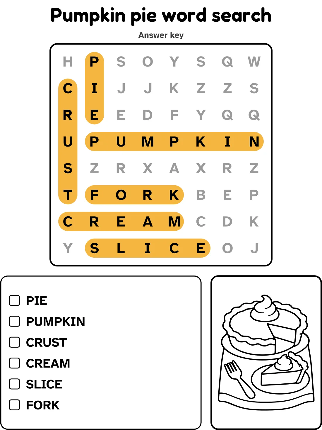 Answer key for the pumpkin pie word search