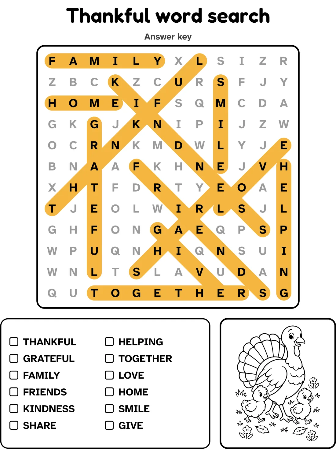 Answer key for the thankful word search