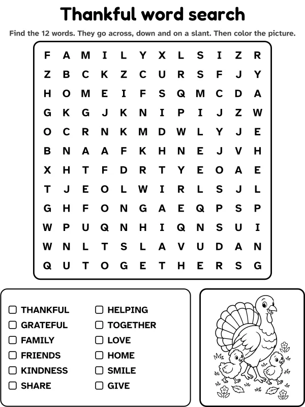 Thankful word search with 12 words to find and a picture to color