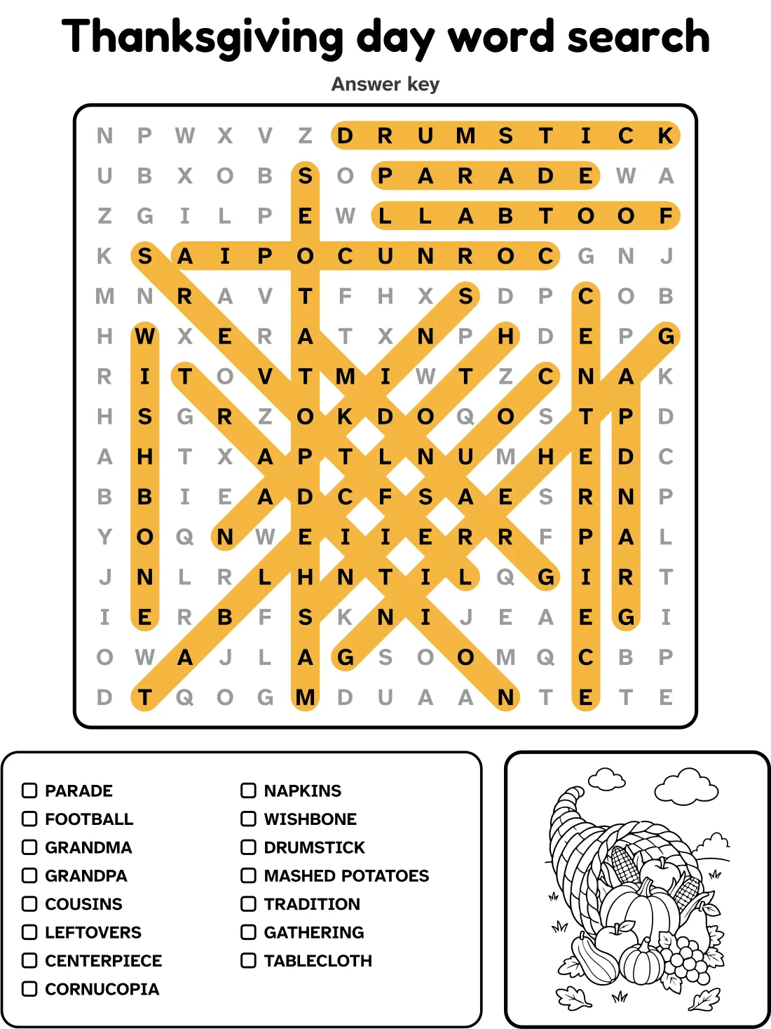 Answer key for the thanksgiving day word search