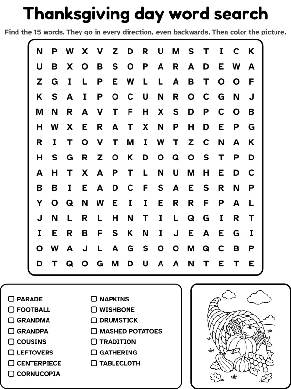 Thanksgiving day word search with 15 words to find and a picture to color