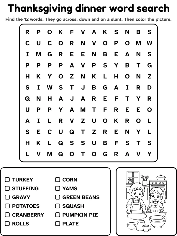 Thanksgiving dinner word search with 12 words to find and a picture to color