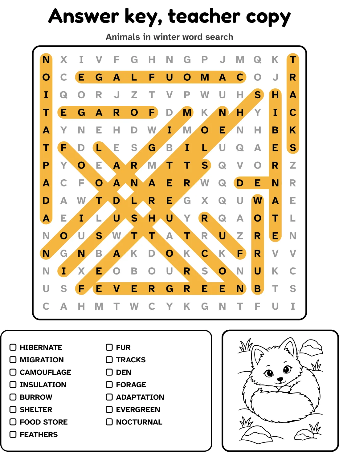 Answer key for the animals in winter word search